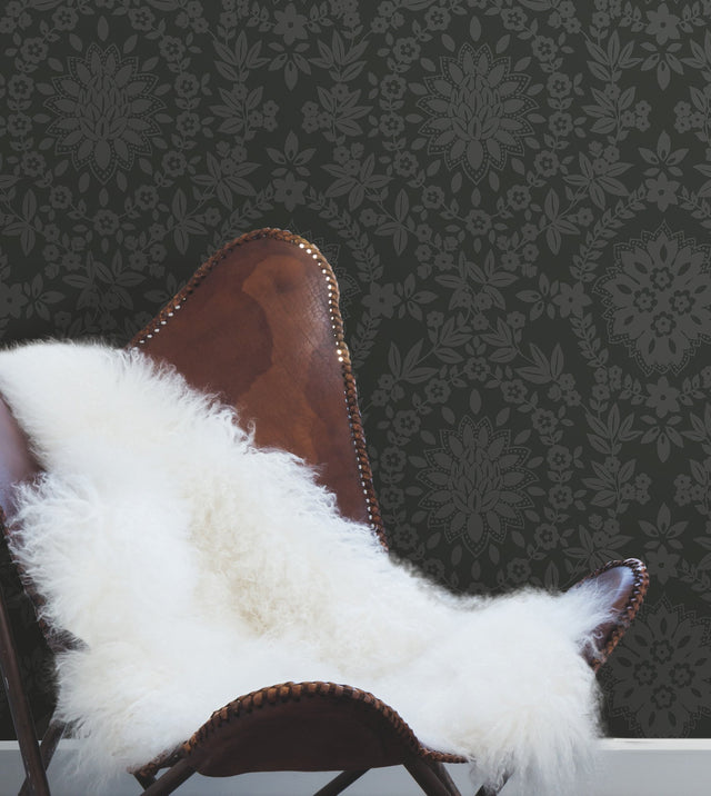 Boho Baroque Damask Grey Peel & Stick Wallpaper with Abstract Damask Pattern - York RMK12334PL