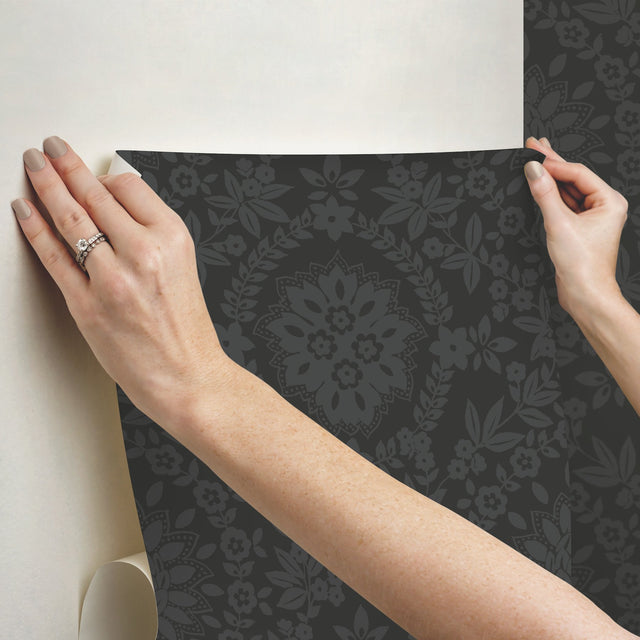 Boho Baroque Damask Grey Peel & Stick Wallpaper with Abstract Damask Pattern - York RMK12334PL