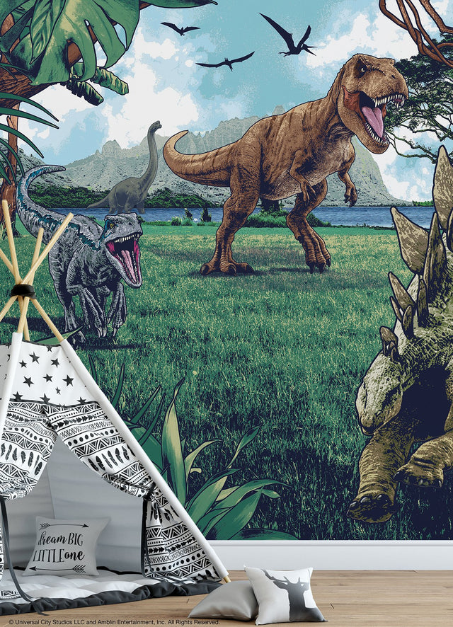Jurassic Park Multicolor Peel & Stick Wall Mural with Dinosaur Scene - York RMK12336M