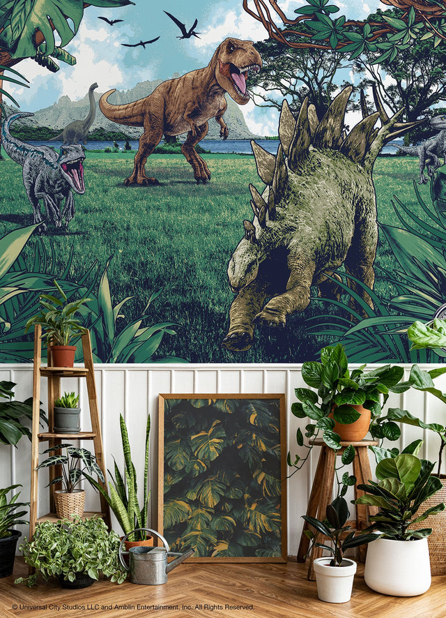 Jurassic Park Multicolor Peel & Stick Wall Mural with Dinosaur Scene - York RMK12336M