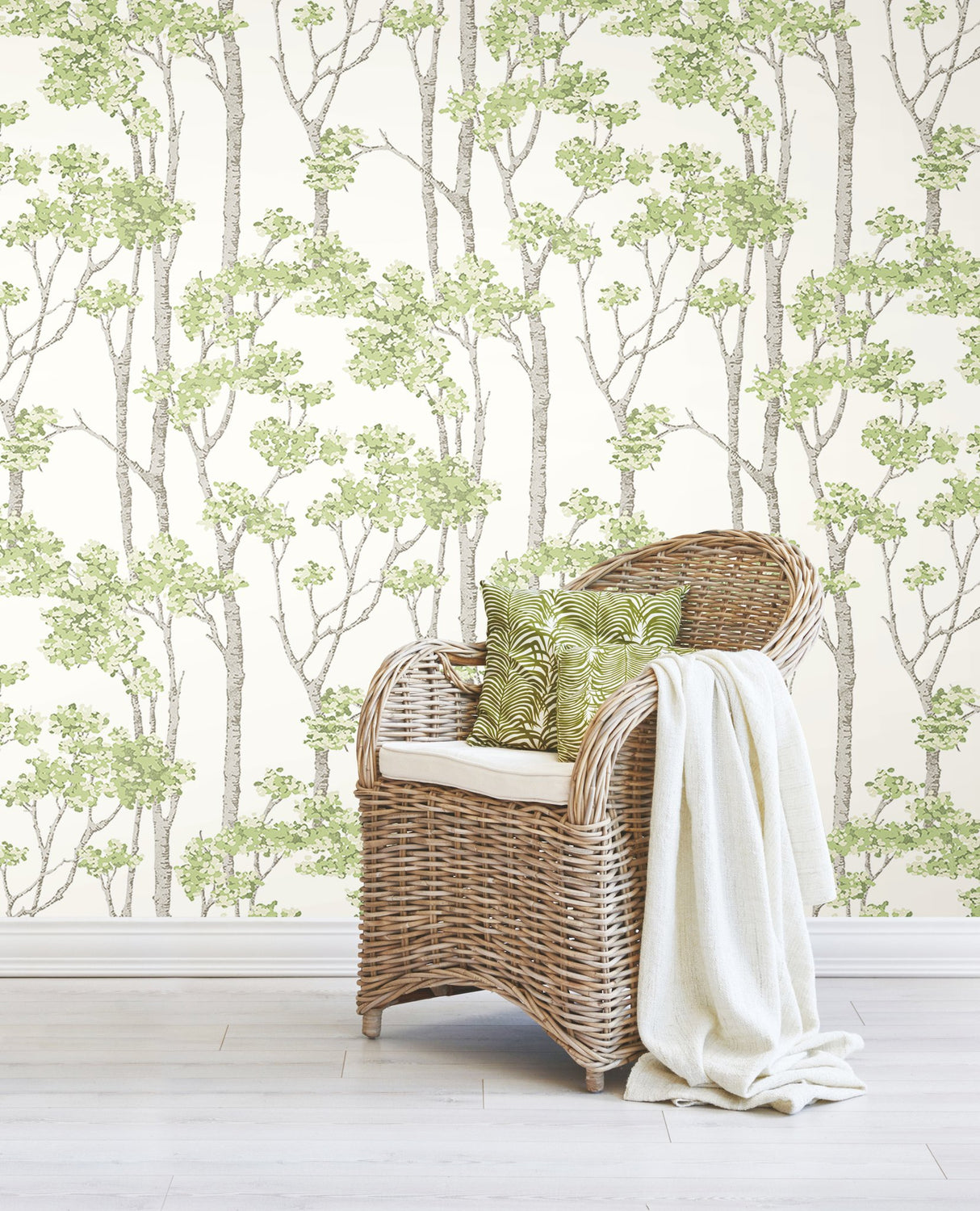 Birch Grove Green Peel & Stick Wallpaper with Botanical Birch Tree Pattern - York RMK12342PLW