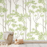 Birch Grove Green Peel & Stick Wallpaper with Botanical Birch Tree Pattern - York RMK12342PLW