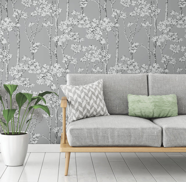 Birch Grove Grey Peel & Stick Wallpaper with Botanical Birch Trees Motif - York RMK12343PLW