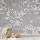Birch Grove Grey Peel & Stick Wallpaper with Botanical Birch Trees Motif - York RMK12343PLW