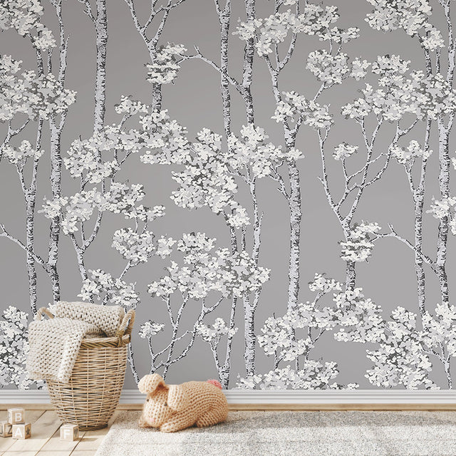 Birch Grove Grey Peel & Stick Wallpaper with Botanical Birch Trees Motif - York RMK12343PLW