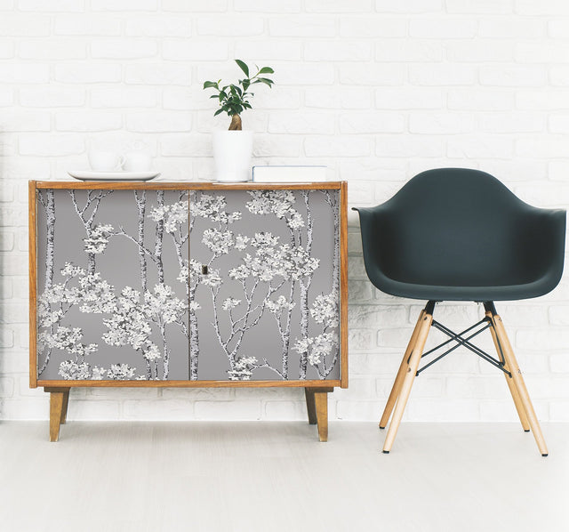 Birch Grove Grey Peel & Stick Wallpaper with Botanical Birch Trees Motif - York RMK12343PLW