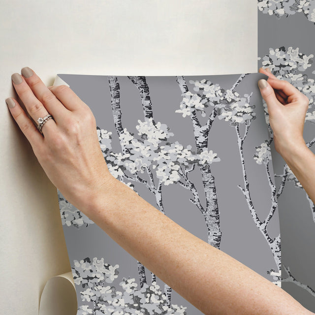 Birch Grove Grey Peel & Stick Wallpaper with Botanical Birch Trees Motif - York RMK12343PLW