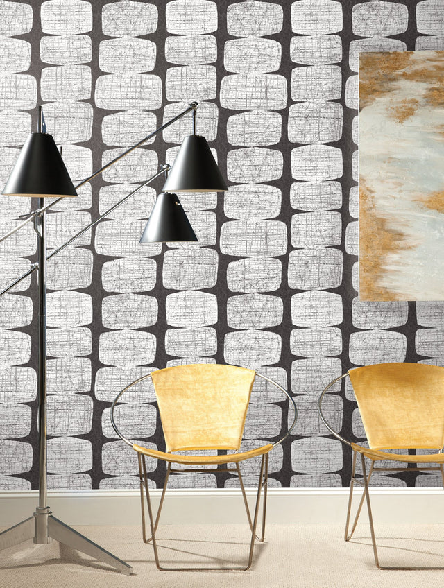Mid-Century Beads Black Peel & Stick Wallpaper with Geometric Abstract Motif - York RMK12348PL