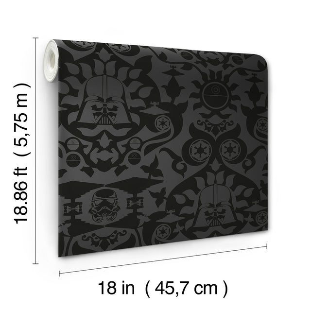 Star Wars The Dark Side Damask Charcoal Peel & Stick Wallpaper with Eclectic Graphic Damask Pattern - York RMK12352RL