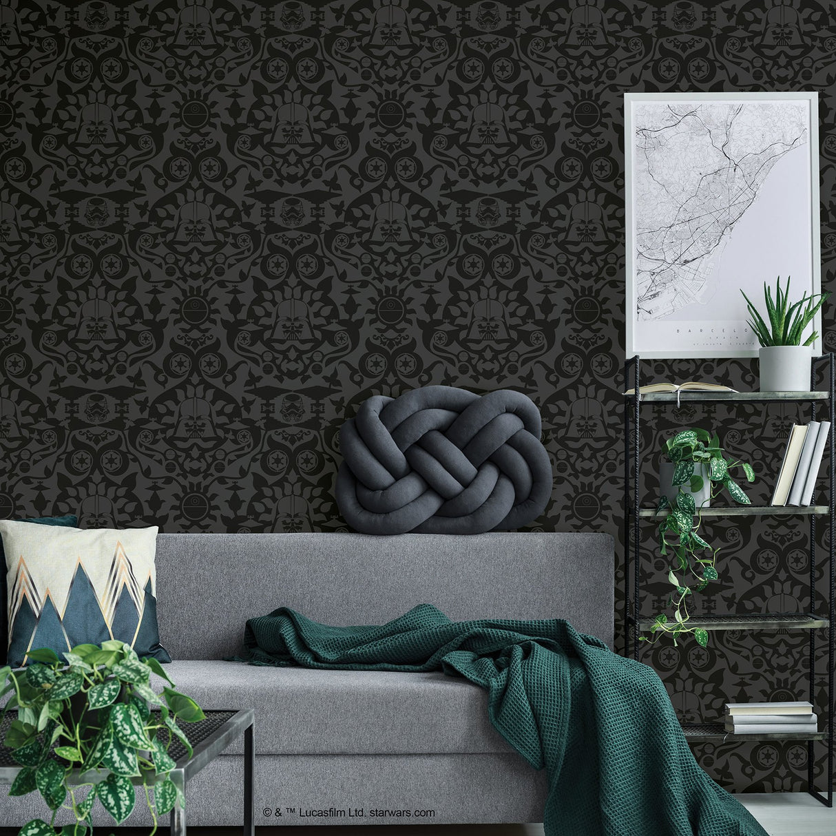 Star Wars The Dark Side Damask Charcoal Peel & Stick Wallpaper with Eclectic Graphic Damask Pattern - York RMK12352RL