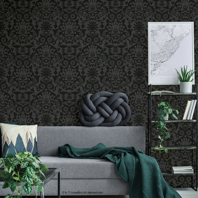Star Wars The Dark Side Damask Charcoal Peel & Stick Wallpaper with Eclectic Graphic Damask Pattern - York RMK12352RL