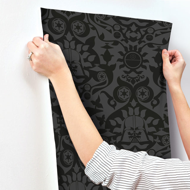 Star Wars The Dark Side Damask Charcoal Peel & Stick Wallpaper with Eclectic Graphic Damask Pattern - York RMK12352RL