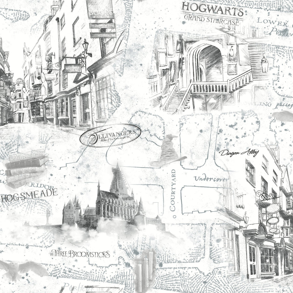 Harry Potter Map White Peel & Stick Vinyl Wallpaper with Whimsical Novelty Pattern - York RMK12353PL