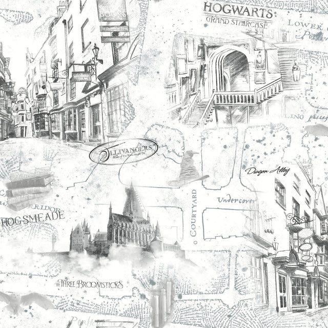 Harry Potter Map White Peel & Stick Vinyl Wallpaper with Whimsical Novelty Pattern - York RMK12353PL