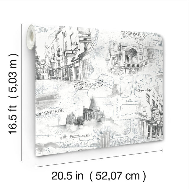 Harry Potter Map White Peel & Stick Vinyl Wallpaper with Whimsical Novelty Pattern - York RMK12353PL