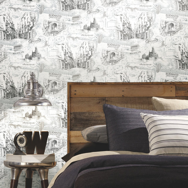 Harry Potter Map White Peel & Stick Vinyl Wallpaper with Whimsical Novelty Pattern - York RMK12353PL