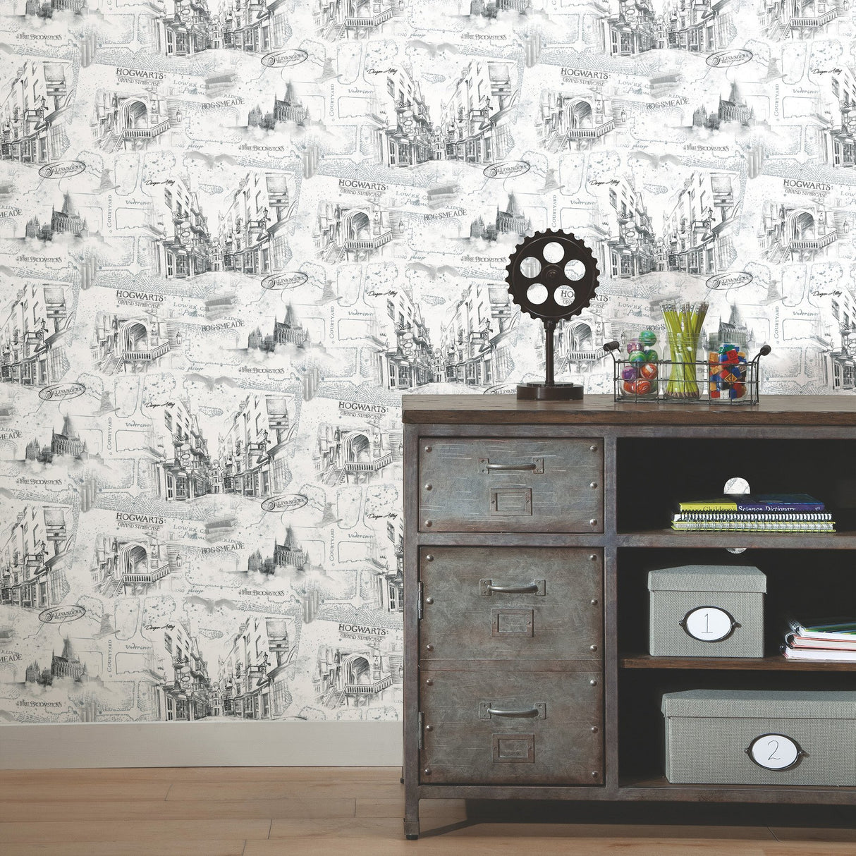 Harry Potter Map White Peel & Stick Vinyl Wallpaper with Whimsical Novelty Pattern - York RMK12353PL