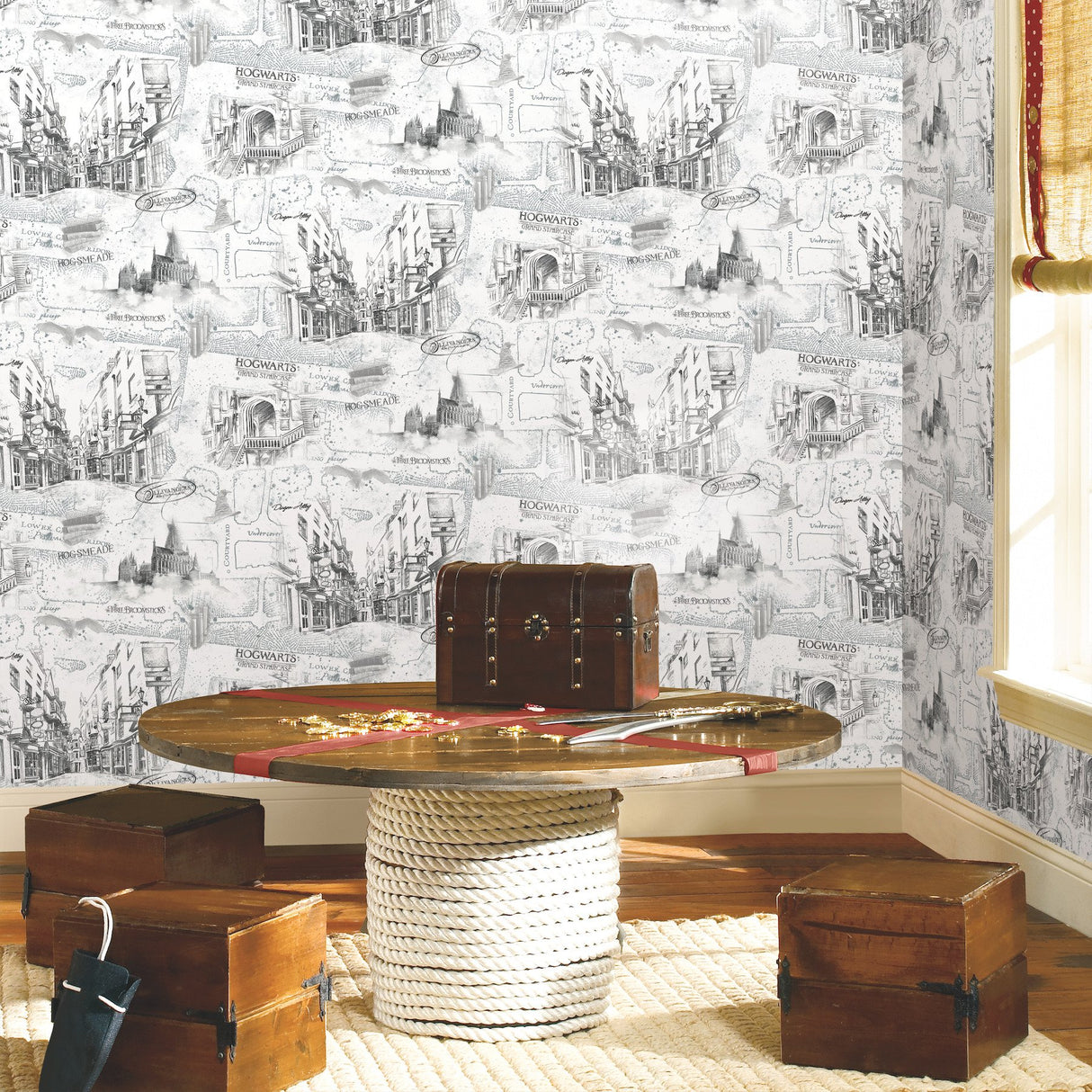 Harry Potter Map White Peel & Stick Vinyl Wallpaper with Whimsical Novelty Pattern - York RMK12353PL