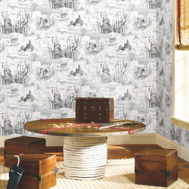 Harry Potter Map White Peel & Stick Vinyl Wallpaper with Whimsical Novelty Pattern - York RMK12353PL