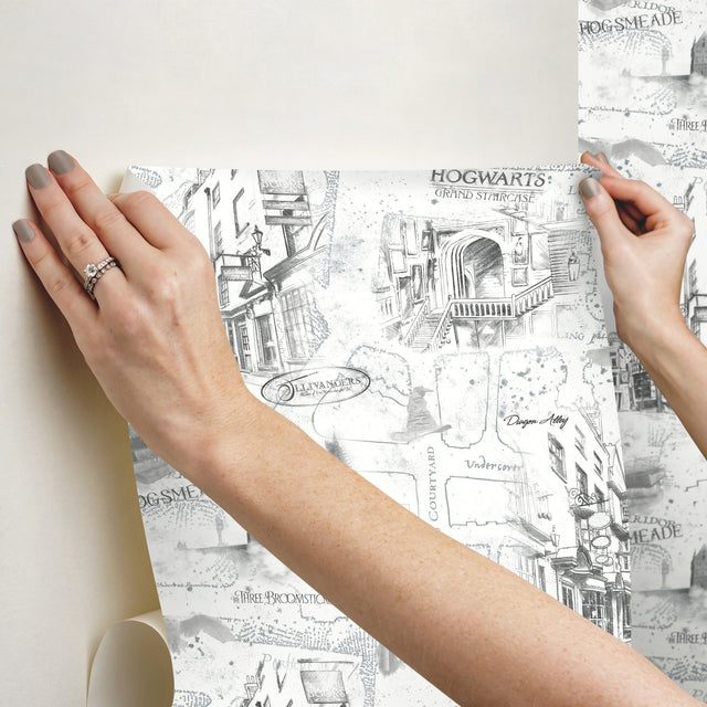 Harry Potter Map White Peel & Stick Vinyl Wallpaper with Whimsical Novelty Pattern - York RMK12353PL