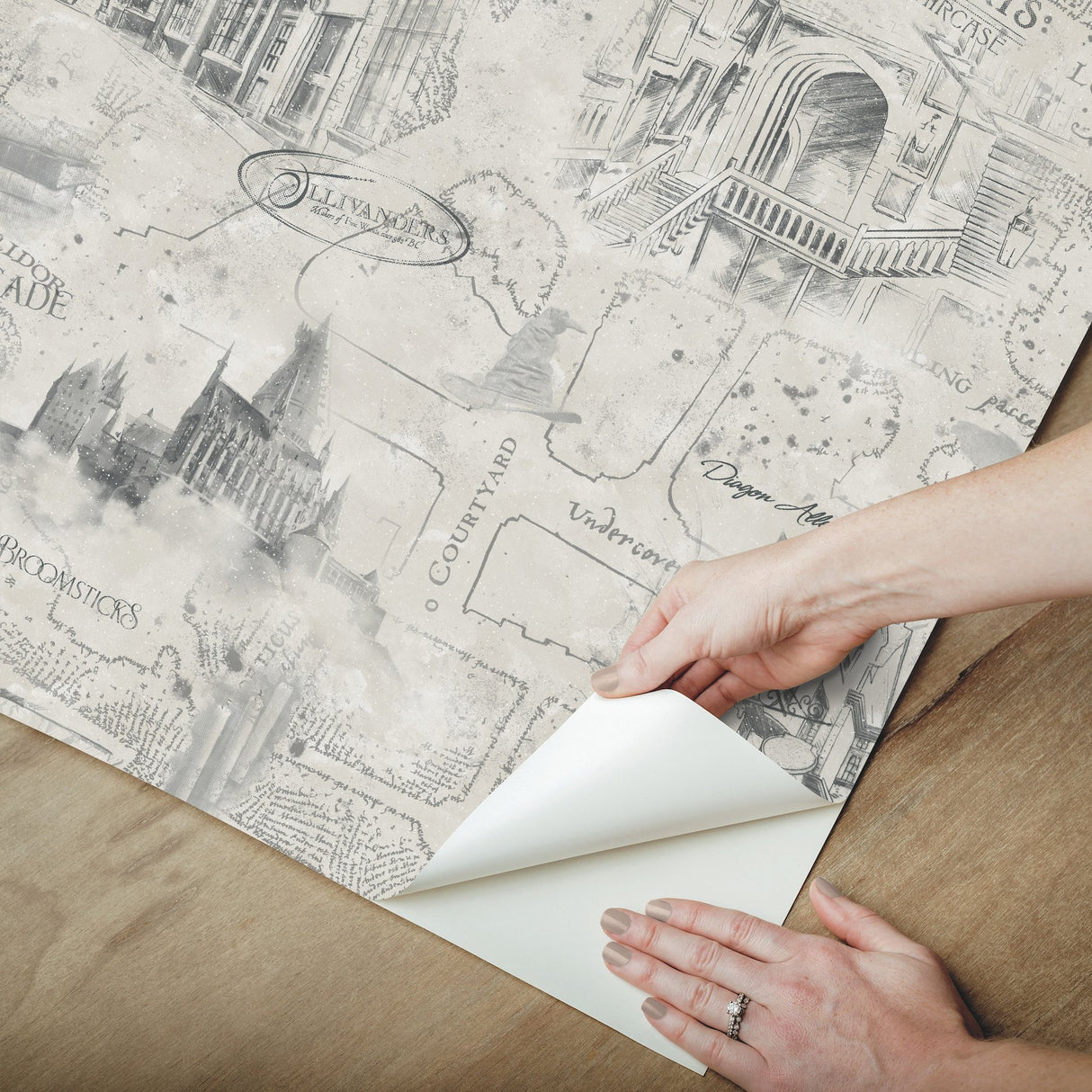 Harry Potter Map Taupe Peel & Stick Wallpaper with Whimsical Novelty Pattern - York RMK12354PL