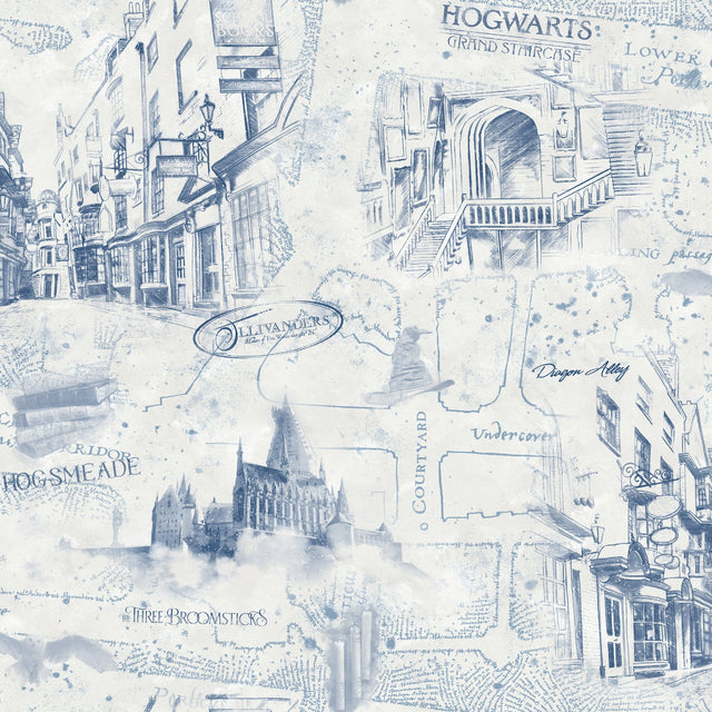 Harry Potter Map Blue Peel & Stick Vinyl Wallpaper with Whimsical Novelty Pattern - York RMK12355PL