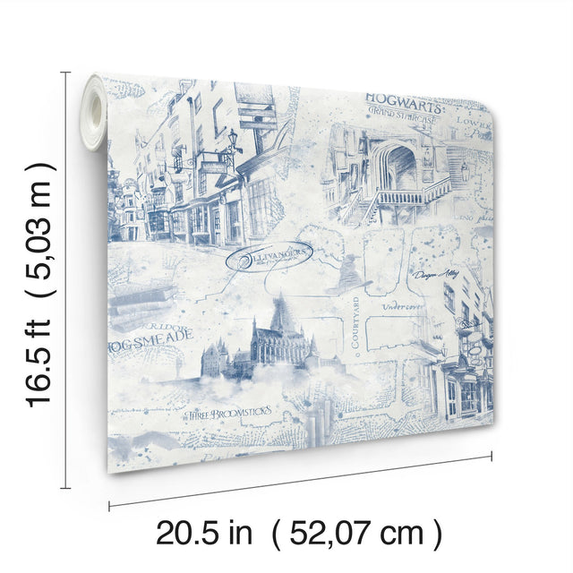 Harry Potter Map Blue Peel & Stick Vinyl Wallpaper with Whimsical Novelty Pattern - York RMK12355PL