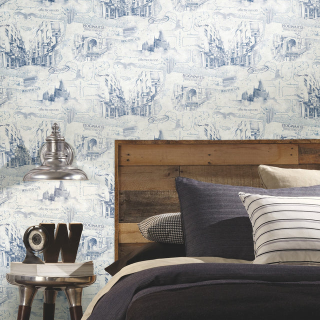 Harry Potter Map Blue Peel & Stick Vinyl Wallpaper with Whimsical Novelty Pattern - York RMK12355PL
