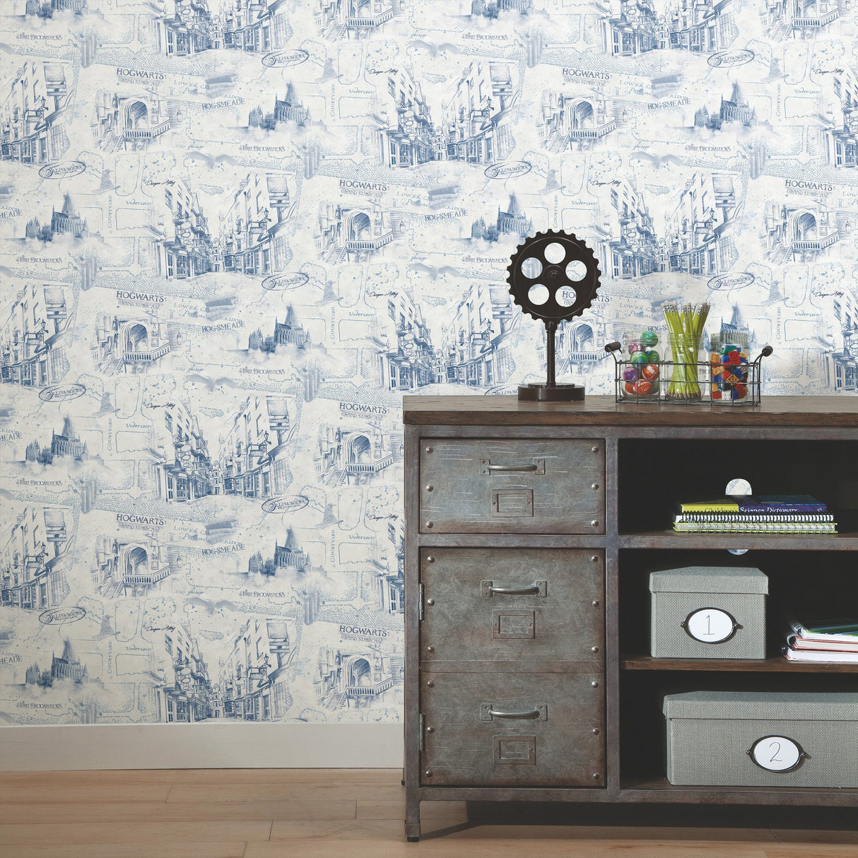 Harry Potter Map Blue Peel & Stick Vinyl Wallpaper with Whimsical Novelty Pattern - York RMK12355PL