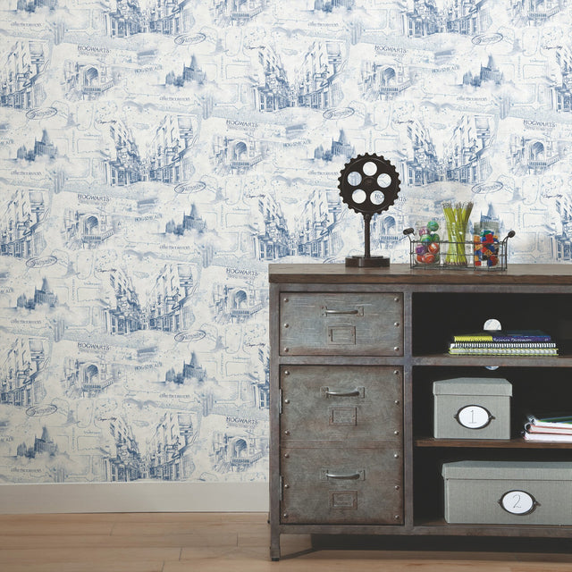 Harry Potter Map Blue Peel & Stick Vinyl Wallpaper with Whimsical Novelty Pattern - York RMK12355PL