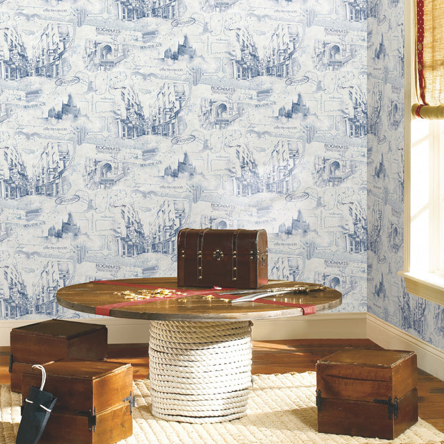 Harry Potter Map Blue Peel & Stick Vinyl Wallpaper with Whimsical Novelty Pattern - York RMK12355PL