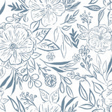 Floral Sketch Blue Peel & Stick Wallpaper with Botanical Floral Sketch Motif - York RMK12361PLW