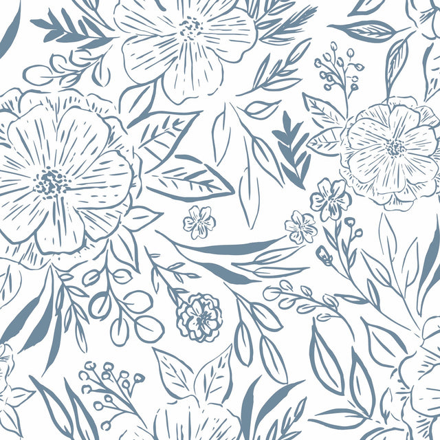Floral Sketch Blue Peel & Stick Wallpaper with Botanical Floral Sketch Motif - York RMK12361PLW