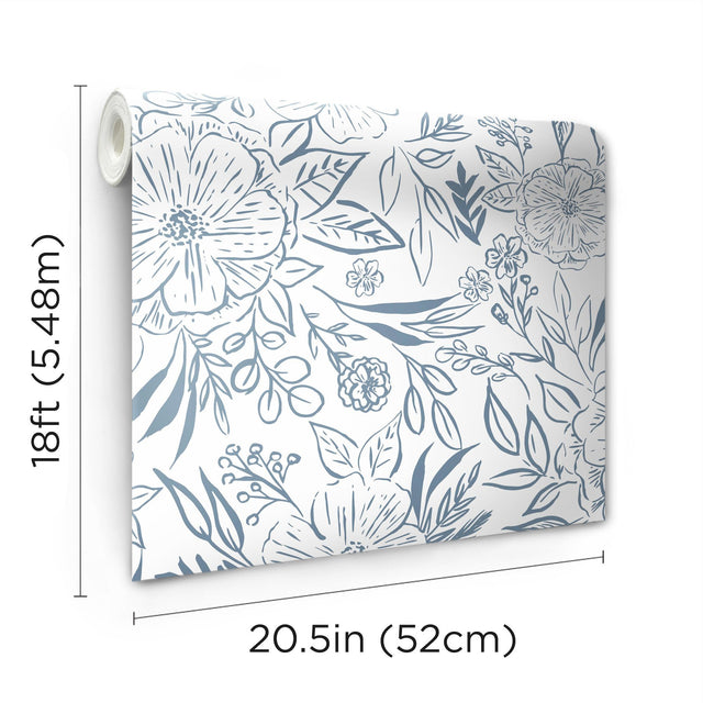 Floral Sketch Blue Peel & Stick Wallpaper with Botanical Floral Sketch Motif - York RMK12361PLW