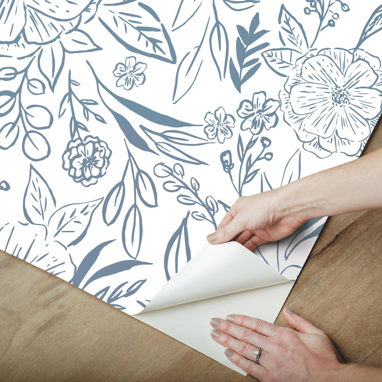 Floral Sketch Blue Peel & Stick Wallpaper with Botanical Floral Sketch Motif - York RMK12361PLW