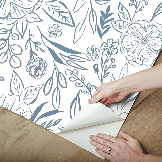 Floral Sketch Blue Peel & Stick Wallpaper with Botanical Floral Sketch Motif - York RMK12361PLW