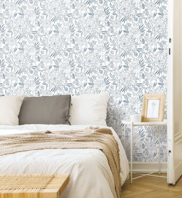 Floral Sketch Blue Peel & Stick Wallpaper with Botanical Floral Sketch Motif - York RMK12361PLW