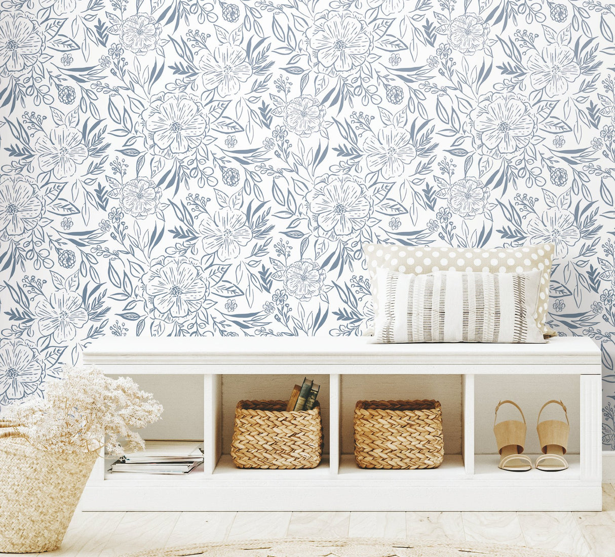 Floral Sketch Blue Peel & Stick Wallpaper with Botanical Floral Sketch Motif - York RMK12361PLW