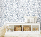 Floral Sketch Blue Peel & Stick Wallpaper with Botanical Floral Sketch Motif - York RMK12361PLW