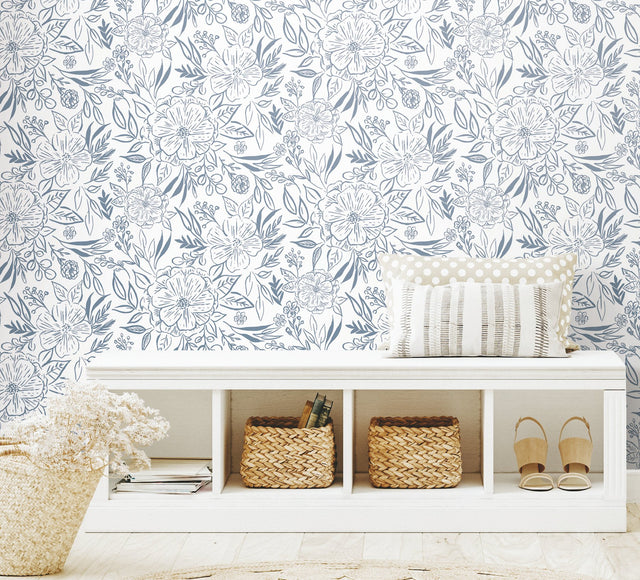 Floral Sketch Blue Peel & Stick Wallpaper with Botanical Floral Sketch Motif - York RMK12361PLW