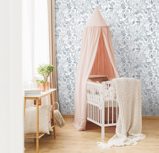 Floral Sketch Blue Peel & Stick Wallpaper with Botanical Floral Sketch Motif - York RMK12361PLW