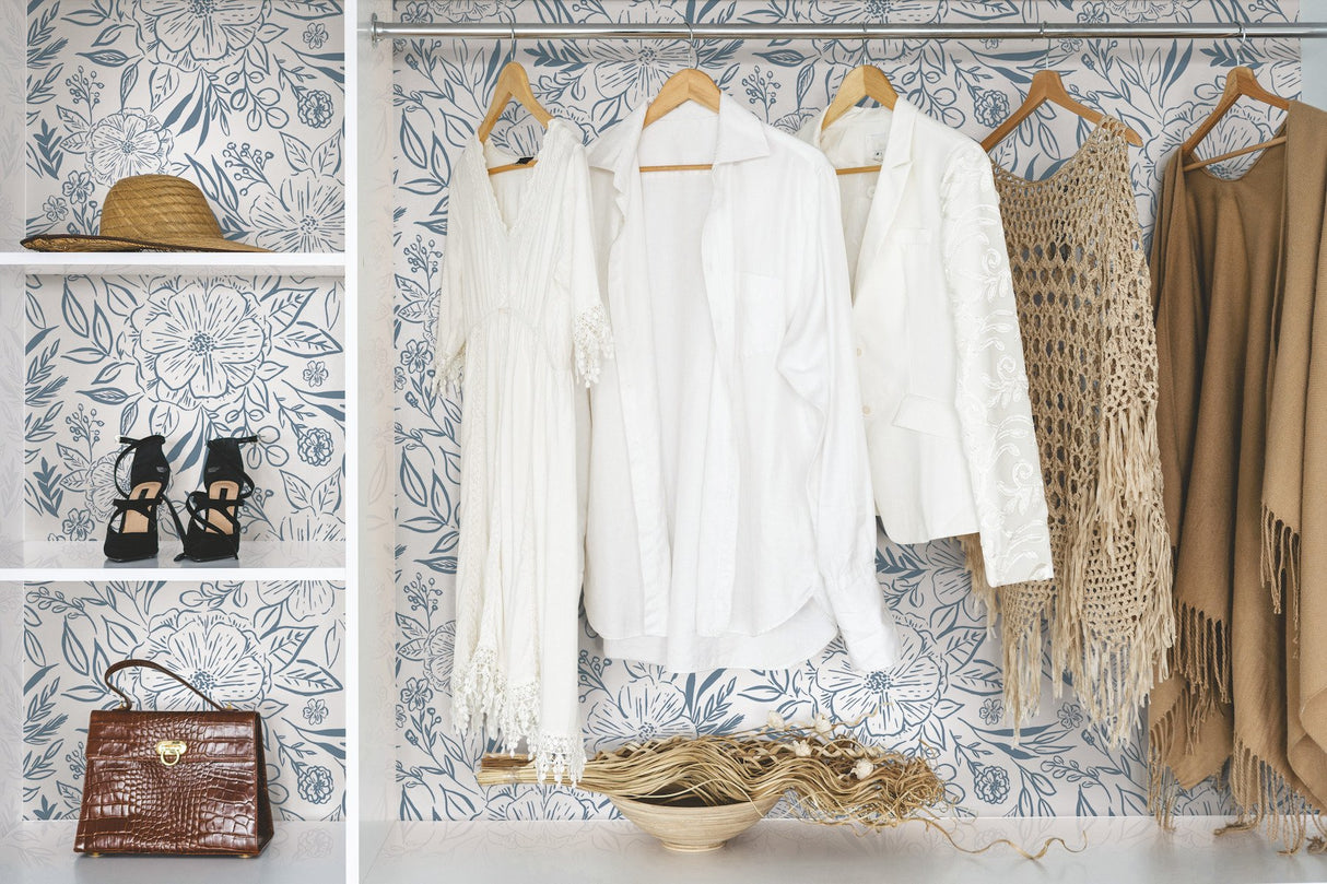 Floral Sketch Blue Peel & Stick Wallpaper with Botanical Floral Sketch Motif - York RMK12361PLW