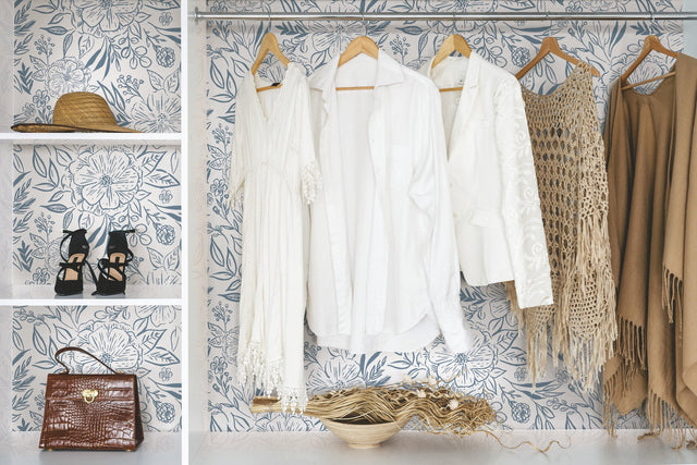 Floral Sketch Blue Peel & Stick Wallpaper with Botanical Floral Sketch Motif - York RMK12361PLW