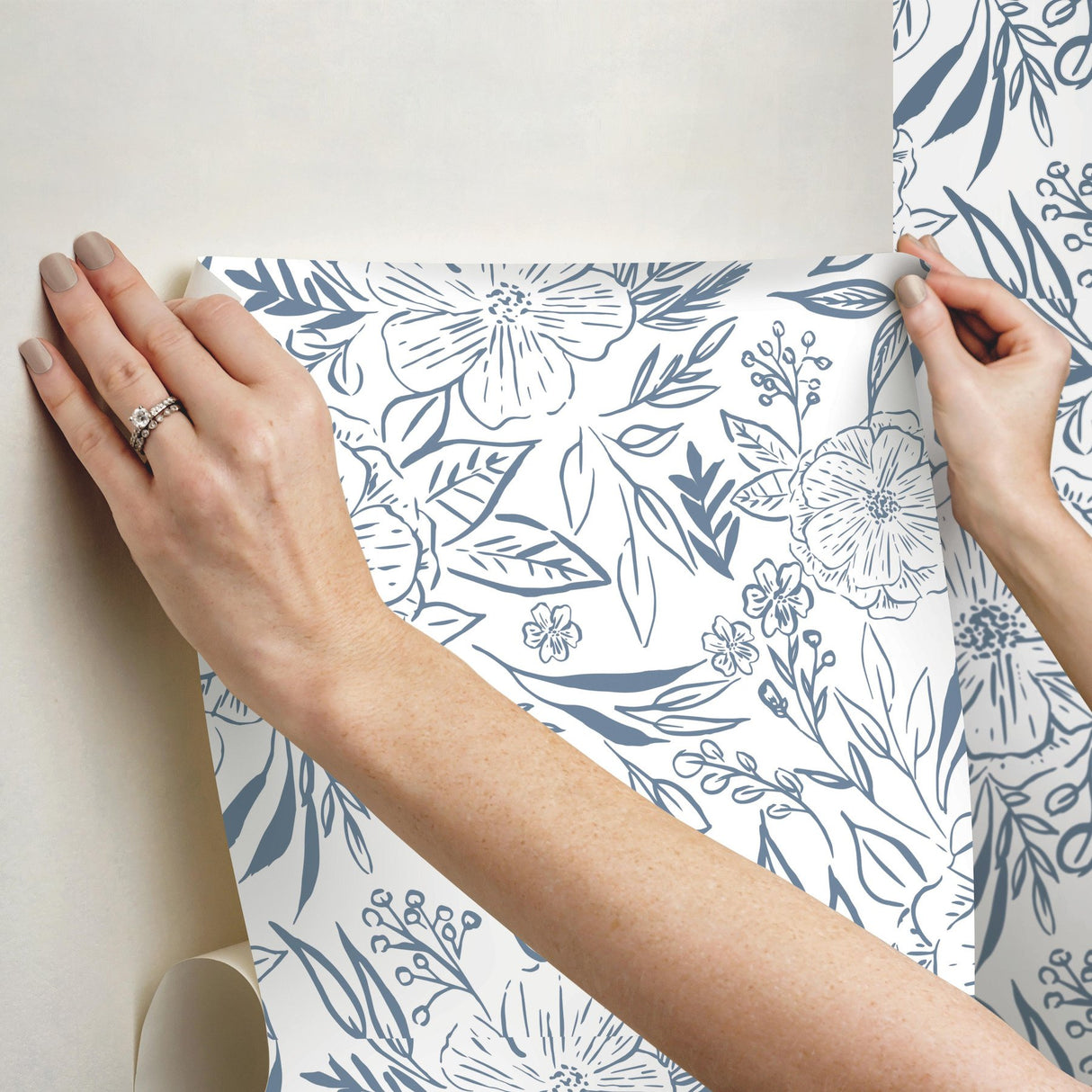 Floral Sketch Blue Peel & Stick Wallpaper with Botanical Floral Sketch Motif - York RMK12361PLW