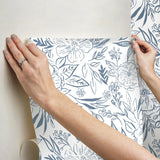 Floral Sketch Blue Peel & Stick Wallpaper with Botanical Floral Sketch Motif - York RMK12361PLW