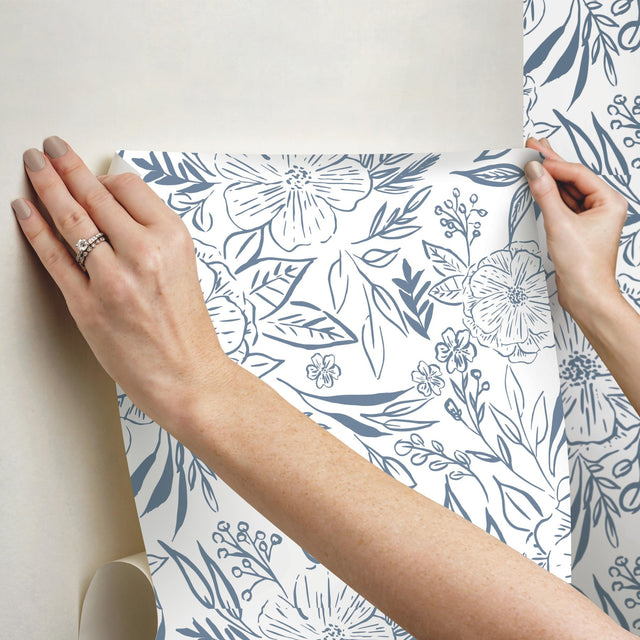 Floral Sketch Blue Peel & Stick Wallpaper with Botanical Floral Sketch Motif - York RMK12361PLW