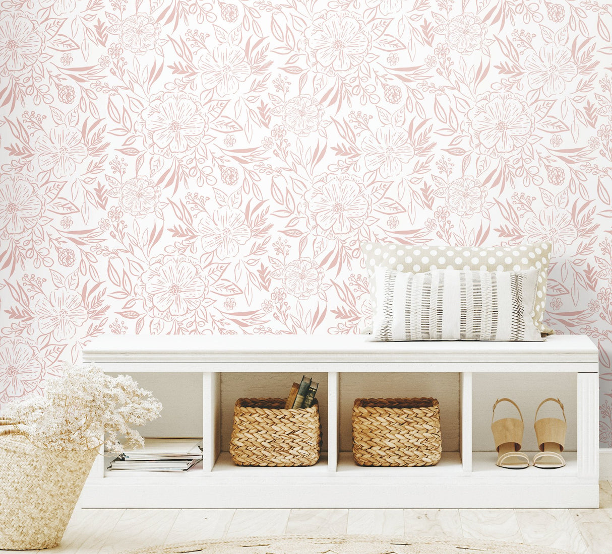 Floral Sketch Pink Peel & Stick Wallpaper with Botanical Floral Pattern - York RMK12362PLW