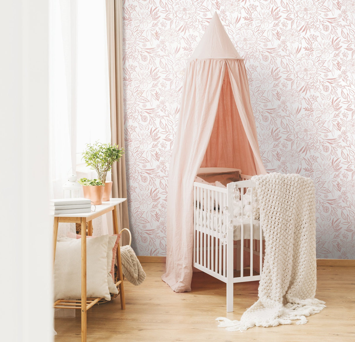 Floral Sketch Pink Peel & Stick Wallpaper with Botanical Floral Pattern - York RMK12362PLW