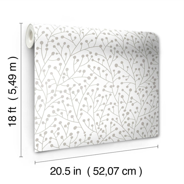 Cat Coquillette Berry Branches Taupe Peel & Stick Wallpaper with Metallic Nature Motif - York RMK12368PL