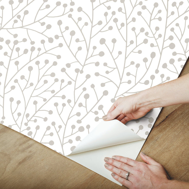 Cat Coquillette Berry Branches Taupe Peel & Stick Wallpaper with Metallic Nature Motif - York RMK12368PL